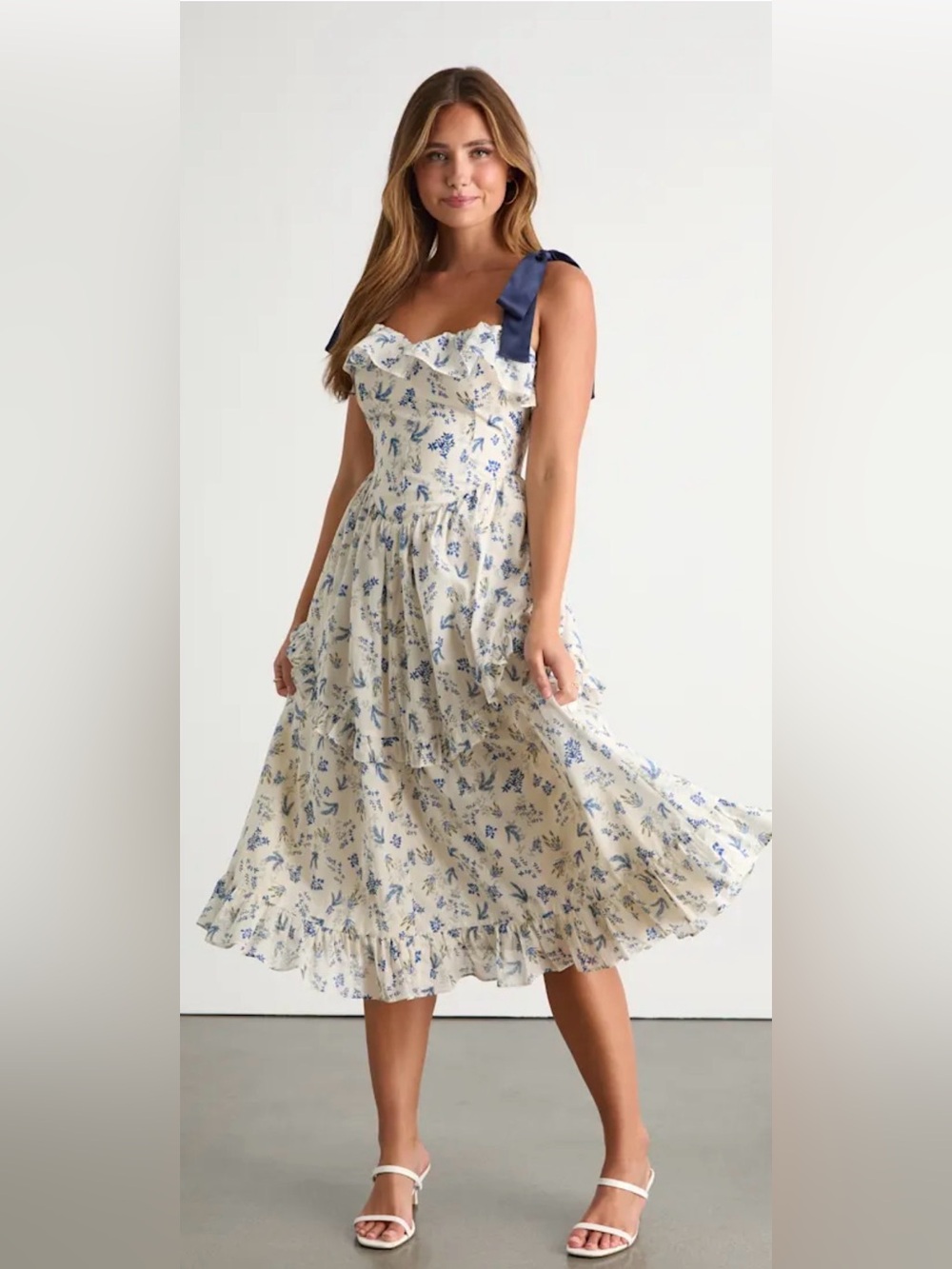 Candice Ivory Floral Ruffled Tie-Strap Midi Dress